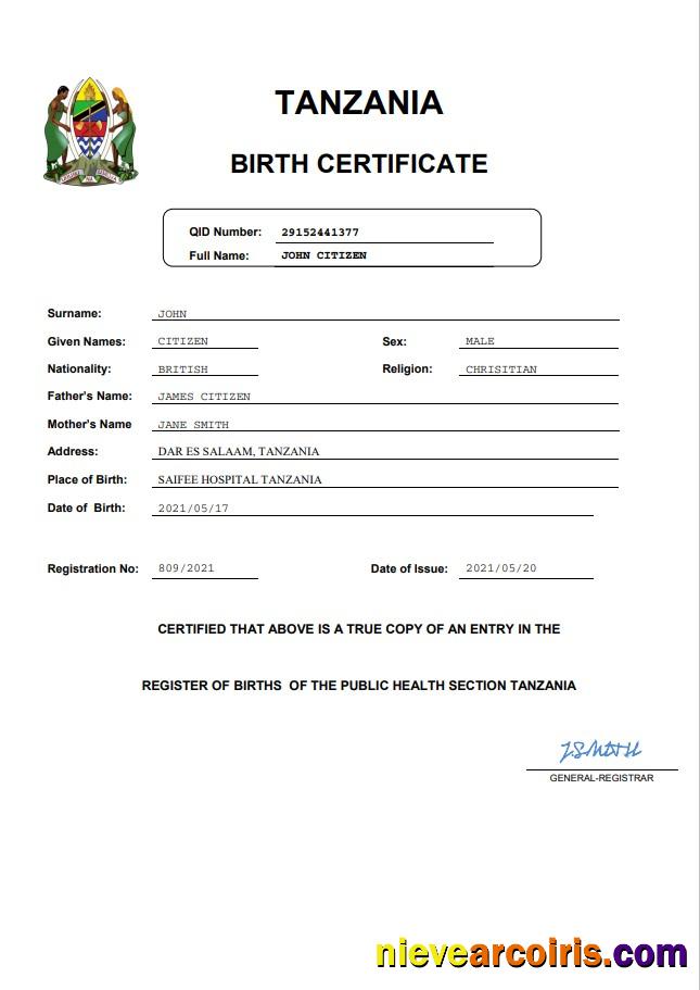 Tanzania birth certificate